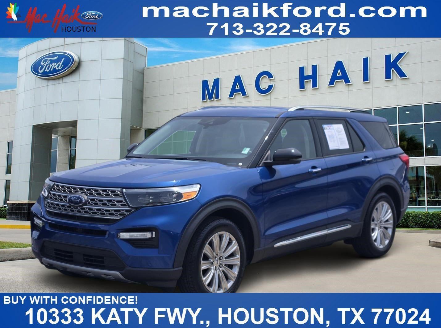 2020 Ford EXPLORER LIMI in Atlas Blue — front three-quarter view